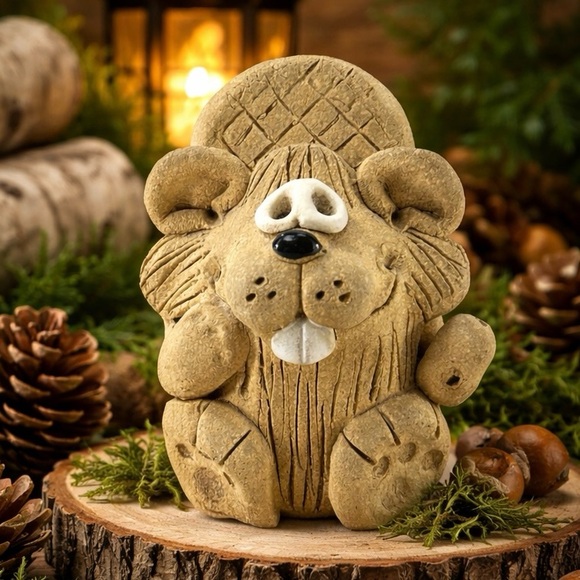 Handmade Other - Vintage Beaver Figurine Folk Art Woodland Animal Sculpture Rustic Cabin Decor